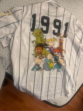 Nickelodeon White Pinstripe Baseball Shirt with Multicolor Rugrats Graphic